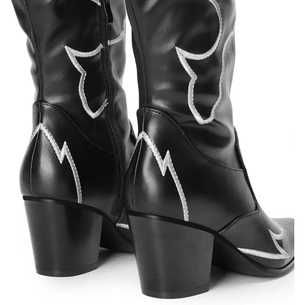 Women Black Faux Suede Cowboy Boots Over The Knee Thigh High Western Boots